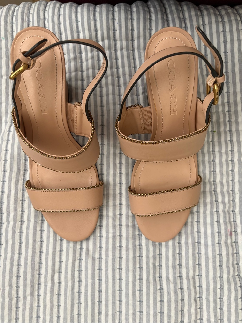 Coach Blush Tan Leather Beaded-Strap Sandals